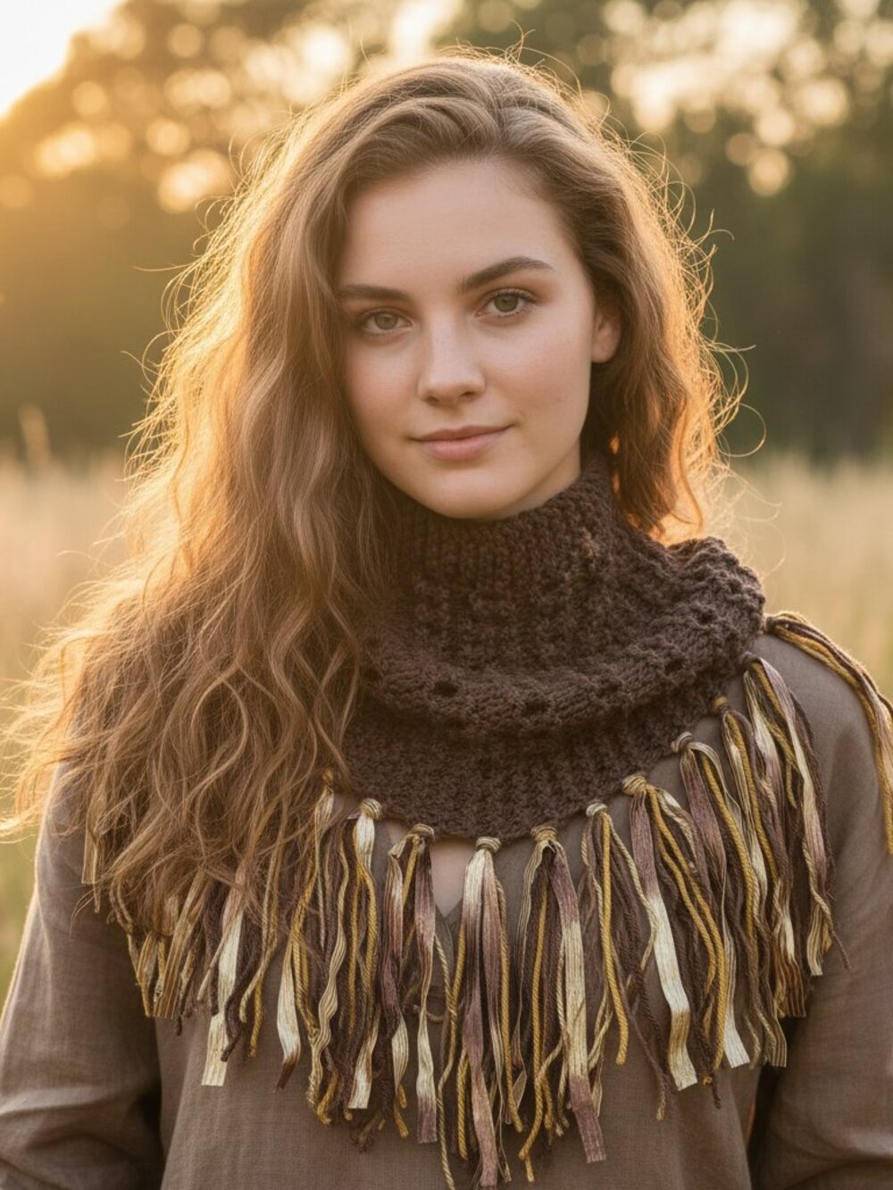 NEW Hand Knitted Brown Gold Boho Cowl Scarf Fringe Eyelet Boho Cottage Earthy